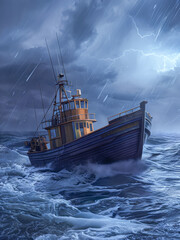 Obraz premium Small boat in squall, generative AI