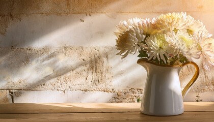 chrysanthemum flowers in jug on background old wall in sunlight