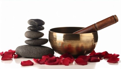 lithotherapy stones with rose petals and singing bowl display