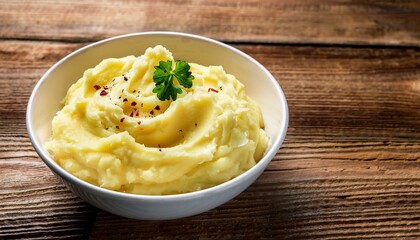 mashed potatoes in white bowl on wooden rustic table healthy food