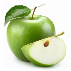 green apple with green leaf and cut slice with seed isolated on white background