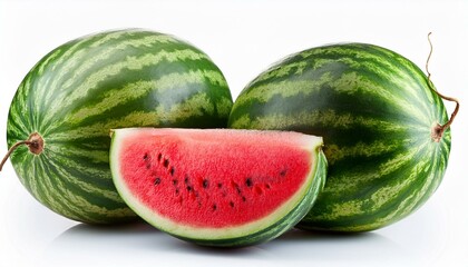 composition with whole ripe watermelons and slice isolated on white background as design elements
