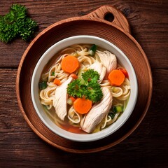 chicken noodle soup with vegetables a bowl of healthy stock top down shot on a rustic wooden table winter comfort food with copyspace