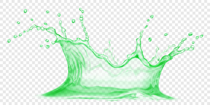 Translucent water crown in green colors, with small drops. Splash isolated on transparent background. Transparency only in vector file