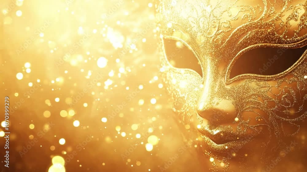 Poster a stunning golden masquerade mask with intricate details and sparkling lights that create a mesmeriz