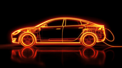 Orange glowing electric car charging with visible power cable on a black background with reflection