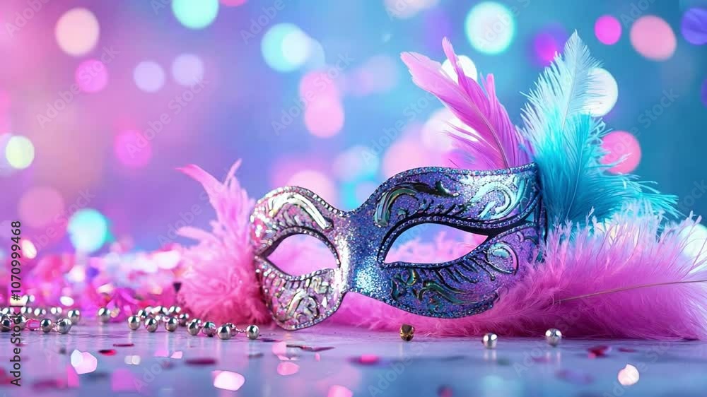 Poster a vibrant masquerade mask adorned with feathers and sparkles is highlighted against a colorful festi