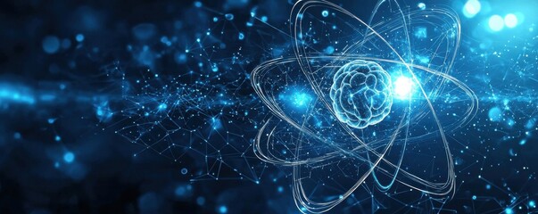 Naklejka premium Futuristic blue background with glowing atomic structure design