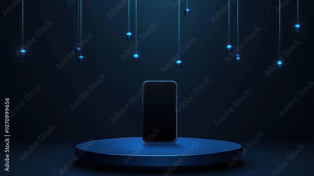 Poster a sleek phone displayed on a circular platform with blue lights in a dark environment.