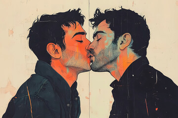 illustration of two men kissing each other on the lips, Happy Valentines DAY.