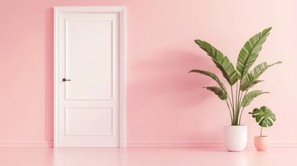 A serene interior featuring a white door against a pink wall, complemented by potted plants.