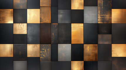 luxurious black gold tiled collage background, with square panels in alternating colors and textures: metallic golds, matte blacks, and distressed, weathered surfaces, with a modern and premium feel