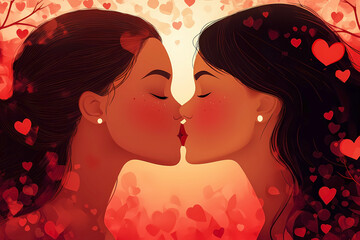  illustration of two women kissing each other on the lips, Happy Valentines DAY.