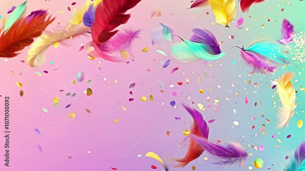 Poster feathers in various colors and sparkling confetti drift gently across a soft pastel backdrop, adding