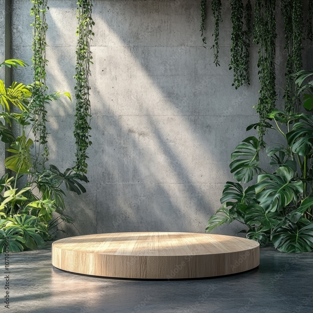 Poster Elevated Natural Display Stand with Greenery Backdrop in Modern Studio Setting