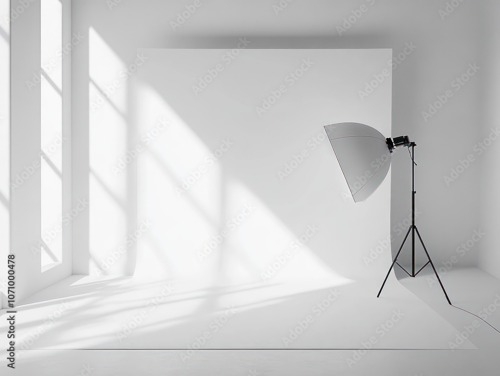 Poster a minimalist studio setup with a white backdrop and softbox lighting for photography.