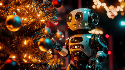 Fototapeta premium Robots decorating a Christmas tree in a futuristic style, featuring advanced technology and unique holiday decorations