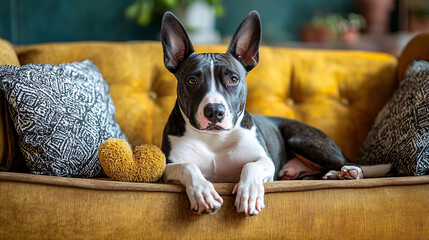 An English bull terrier lying on a stylish sofa, with a playful pose and a toy in its paw, representing the breedâ€™s friendly and fun-loving nature