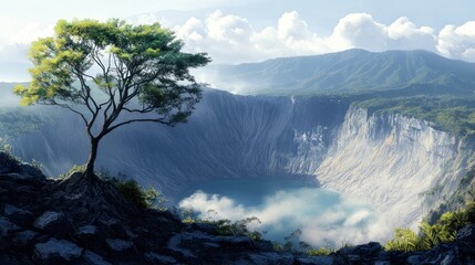 Serene Mountain Lake with a Lonely Tree