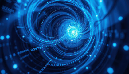 Obraz premium swirling blue vortex with digital elements creates futuristic and dynamic scene, evoking sense of motion and energy