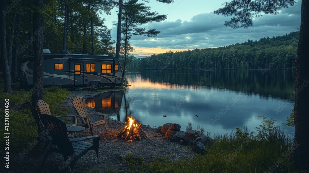 Poster a tranquil lakeside evening features an rv parked near a campfire, creating a cozy atmosphere as the