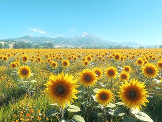 Obraz premium A vibrant field of sunflowers in full bloom under a clear blue sky, set against a backdrop of majestic mountains, radiating joy and warmth.