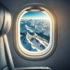 Business Class Airplane Window View of Snow-Capped Mountains and Clear Blue Skies