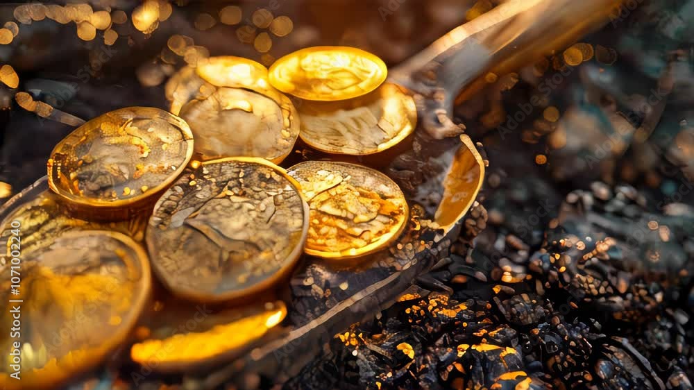 Poster a shovel digs up shiny bitcoins from dark soil. close-up shot with a bokeh effect. concept of crypto