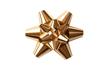 Shiny golden gift bow with textured ribbon loops on a white background. PNG transparent.
