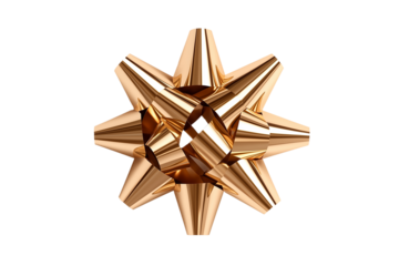 Shiny golden gift bow with textured ribbon loops on a white background. PNG transparent.
