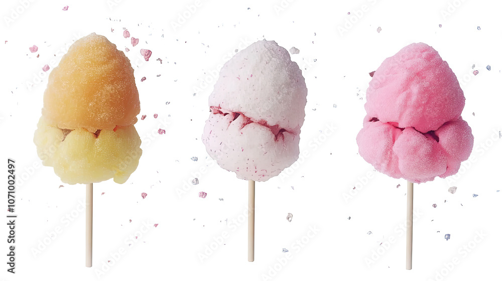 Poster colorful cotton candy sets displayed on a transparent background generative ai