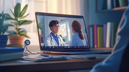 Realistic Close-up of Doctor-Patient Video Consultation on Laptop Screen in Medical Office – Professional Telemedicine Context with Engaging Doctor-Patient Interaction and Medical Equipment Details
