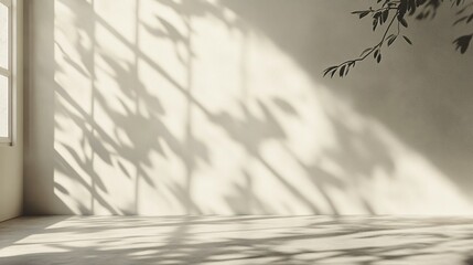 Sunlight and Leaf Shadows on a White Wall and Floor