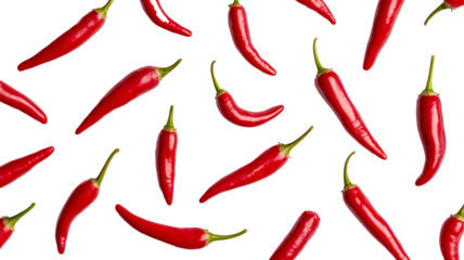 Floating red chili peppers on white background. PNG transparent.
