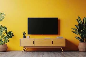Modern Living Room with TV Set on Cabinet Against Yellow Wall