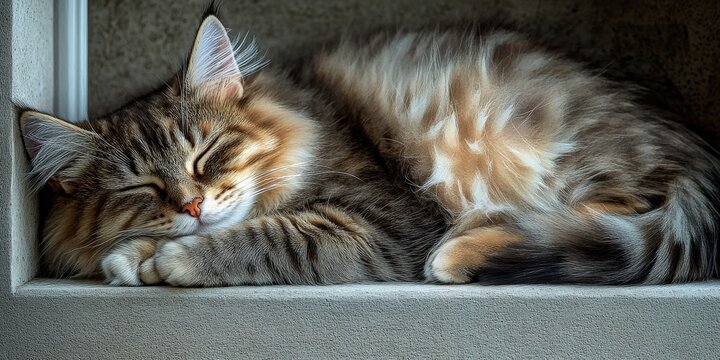 Cozy Fluffy Cat Sleeping in Sunlit Window Nook: Adorable Tabby Kitten Resting Peacefully, Soft Fur, Relaxation, Domestic Pet Photography, Tranquil Feline
