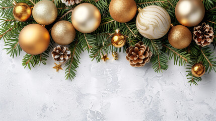 Fondo navide&ntilde;o con esferas doradas, ramas de pino y pi&ntilde;as