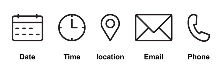 Phone, Email, Message, Envelope, Location, Pin, Map, Gps, Marker, Address, Time, Clock, Date, Calendar icon set. editable line icons. social media icons. vector
