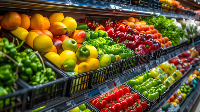 Estante de supermercado con frutas y verduras frescas