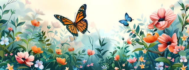 A vibrant display of butterflies and flowers, featuring a striking orange Monarch alongside a delicate blue butterfly, amidst lush greenery.
