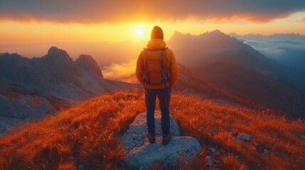Fototapeta premium A hiker stands on a mountaintop, looking out at a breathtaking sunset over a valley with fog and mountain peaks in the distance.