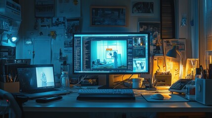 Fototapeta premium Doctor's Workspace with Desktop Computer for Telemedicine, Active Video Call Interface Highlighting Patient Interaction and Digital Health Accessibility in a Clinical Environment