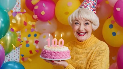 A happy elderly woman holds a pink birthday cake adorned with candles in celebration of her 100th birthday, surrounded by vibrant decorations - Powered by Adobe