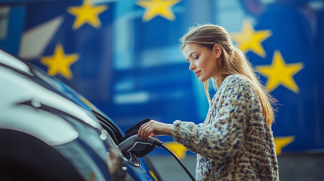 Eco-conscious woman connecting charging cable to her electric vehicle, promoting sustainable transportation within the european union