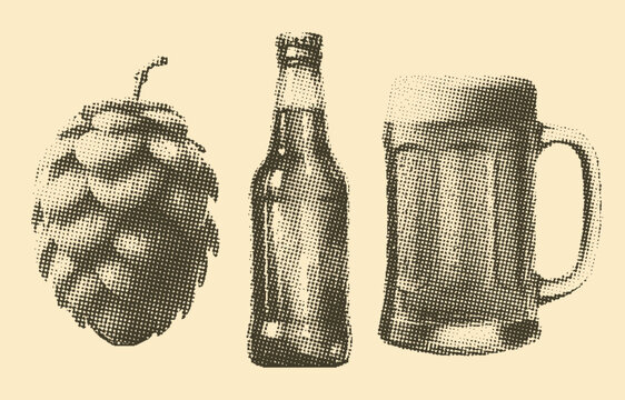 set of vintage halftone effect style beer mug, a hop and a bottle, beer set