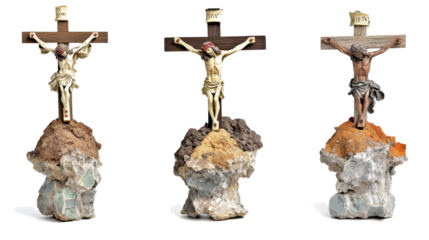 Wooden Crucifixes Mounted on Earth and Stone Hills in a Collection Generative AI