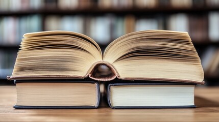 Fototapeta premium Open Book on Stacked Volumes in Library Setting with Blurred Background