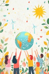 Group of people supporting the planet under sun and rain