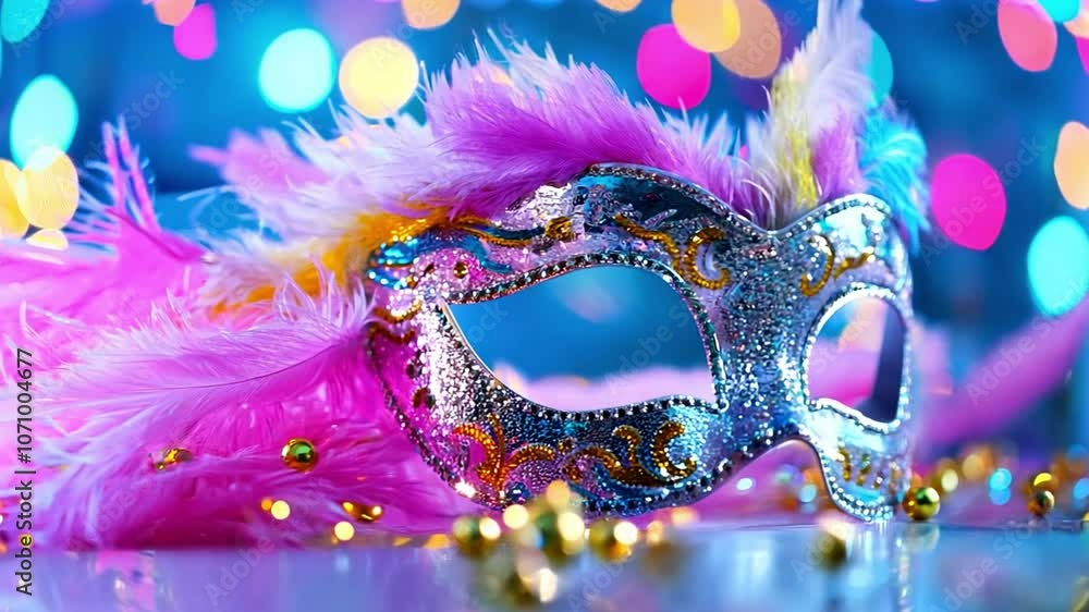 Poster a sparkling masquerade mask with feathers and glitter rests on a surface, creating perfect backdrop 