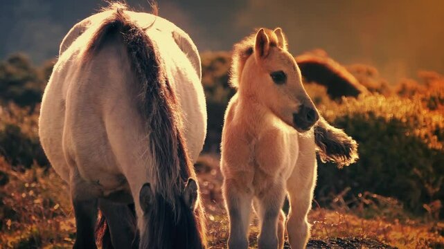 Horse Foal Next To Mother In Evening Sun
